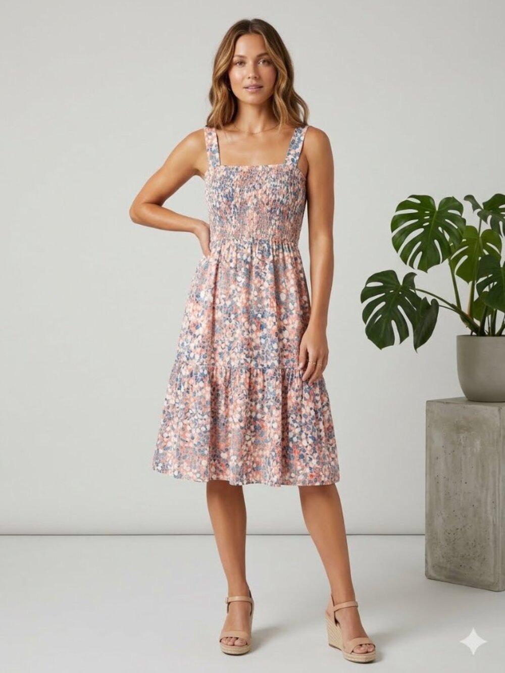 Loft Wildflower smocked dress, floral, sleeveless, size XS
